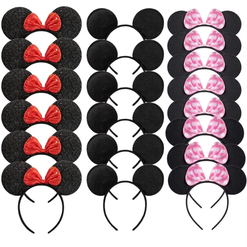 Unisex Fabric Mouse Ears Headbands with Bows Hair Accessories Set - 12PCS Wholesale Pack for Women, Party & Cosplay Wear