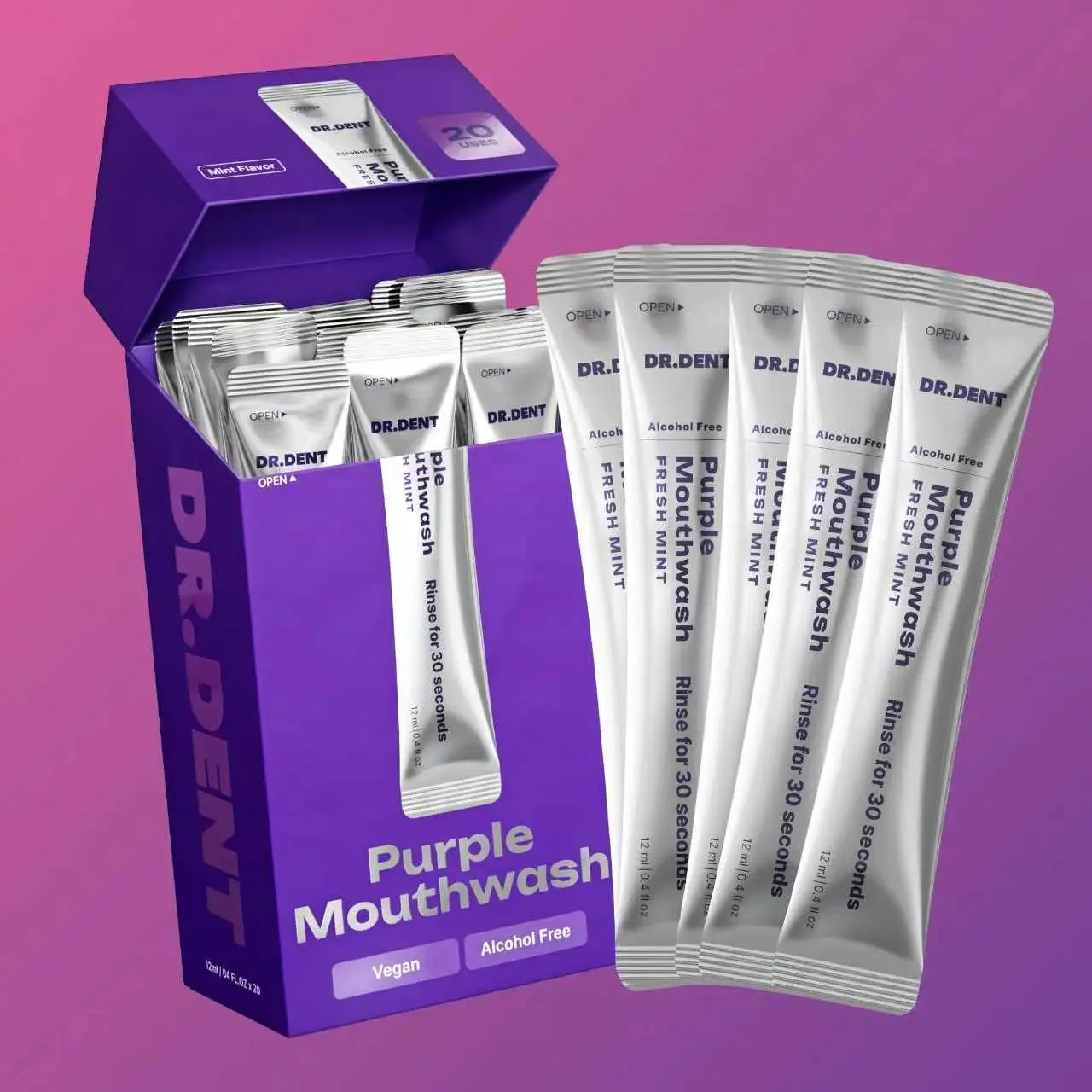DR.DENT Oral Purple Mouthwash - 20-Pack Single Sachets - Alcohol-Free, Peroxide-Free, Xylitol-Containing Vegan Mint