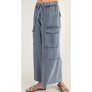 Mineral Washed Wide Leg Terry Knit Cargo Pants