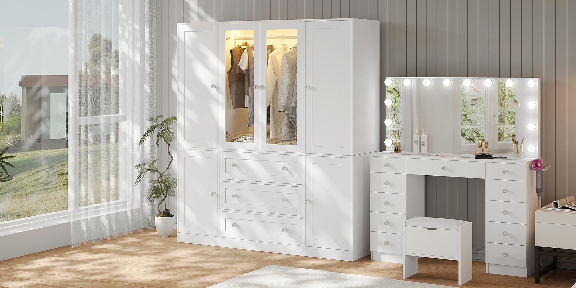 【2 Package Deliver】VOWNER White Large 4 Doors with Glass door Wardrobe with Side Cabinets 3 Drawers Motion Sensor Lighting 3 Color Modes Adjustable Brightness & Aluminum Alloy Hanging Rod