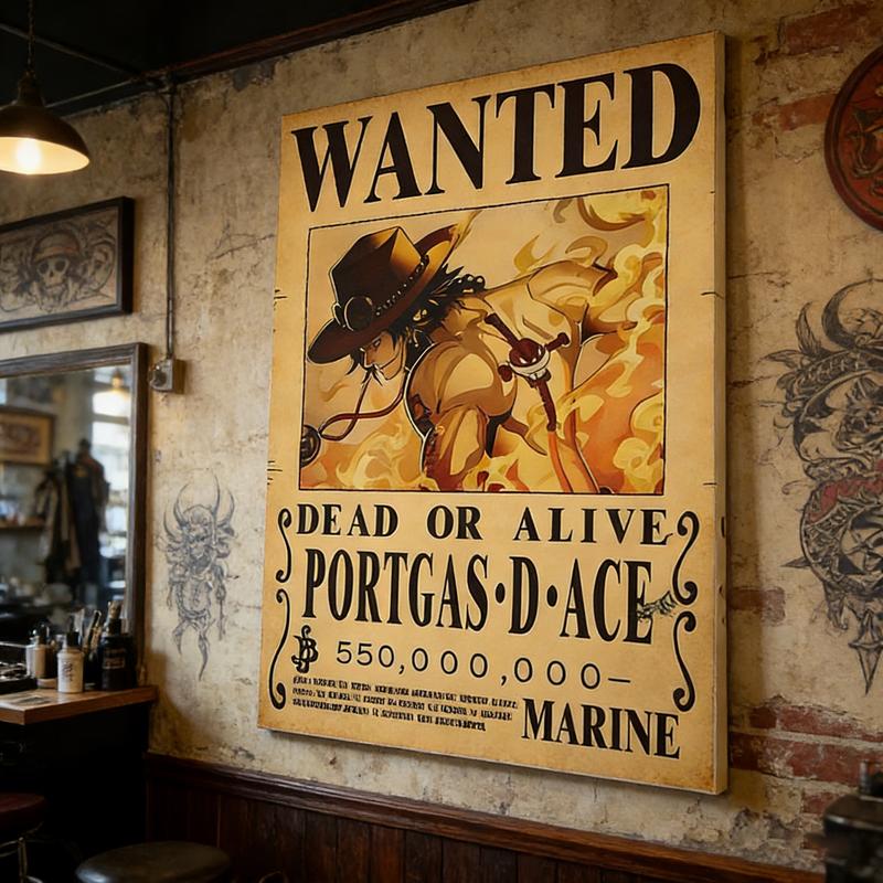 "Fire Fist Ace" popular Japanese anime One Piece wanted poster canvas art print, featuring high-quality dynamic artwork. This urban-style wall decor is perfect for bedrooms, studies, and studios, with the cartoon image printed on canvas.