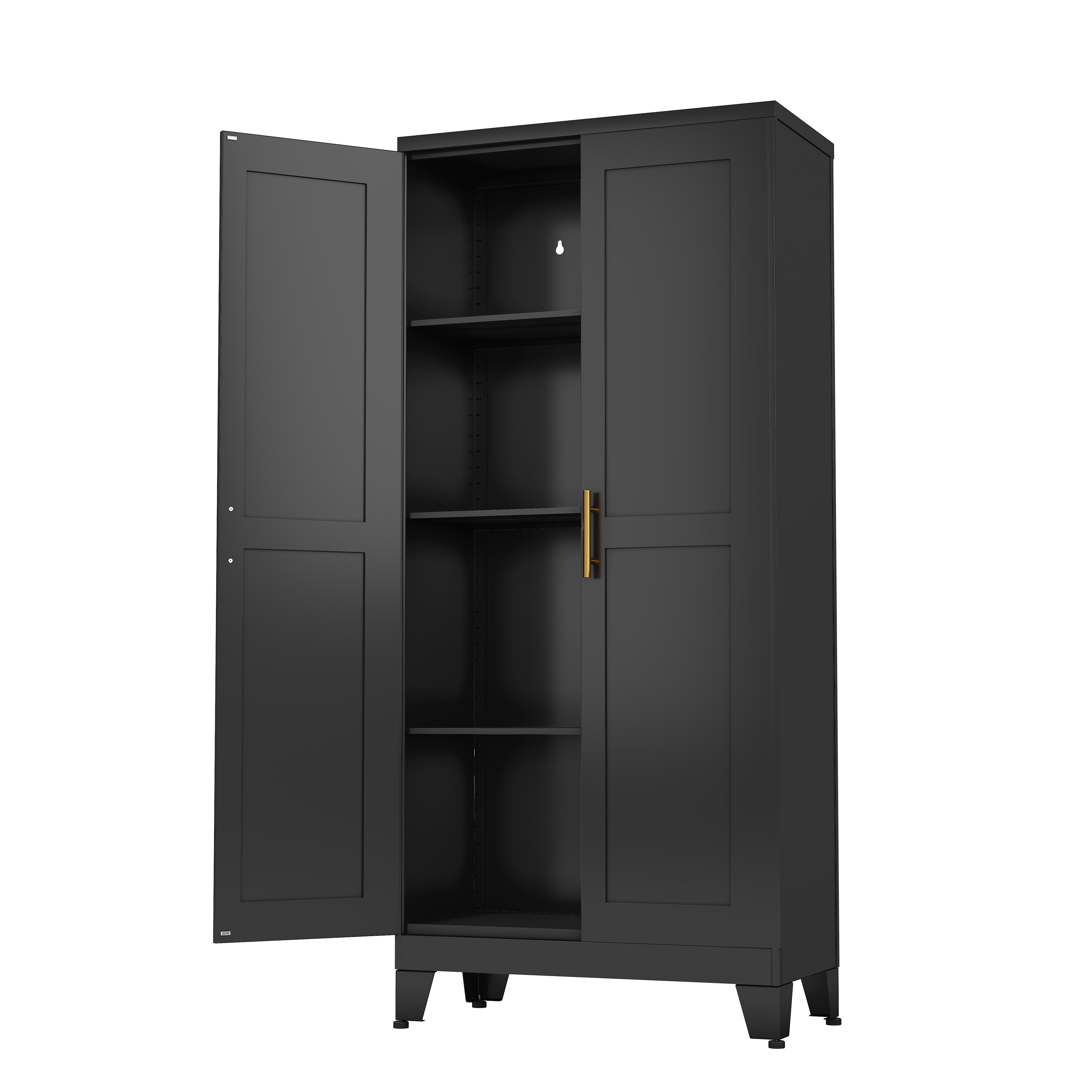 Metal Pantry Cabinet 61" with 2 Doors and Adjustable Shelves Kitchen Storage Cabinet with Gold Handles - Versatile Storage for Kitchen, Bathroom, Dining Room, Utility Room Furniture
