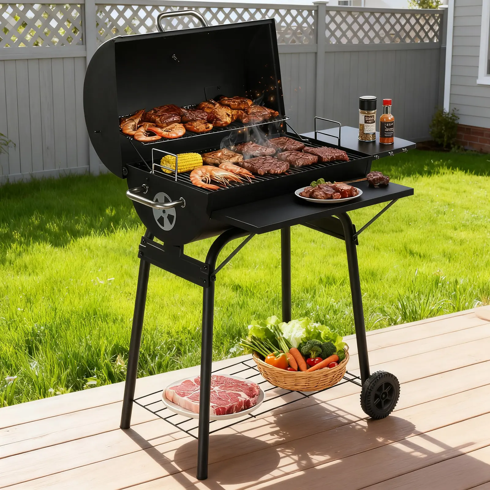 Large Barrel Charcoal Combination Barbecue-Smoker with Temperature Control, Side Table for Backyard, Outdoor Patio Cooking