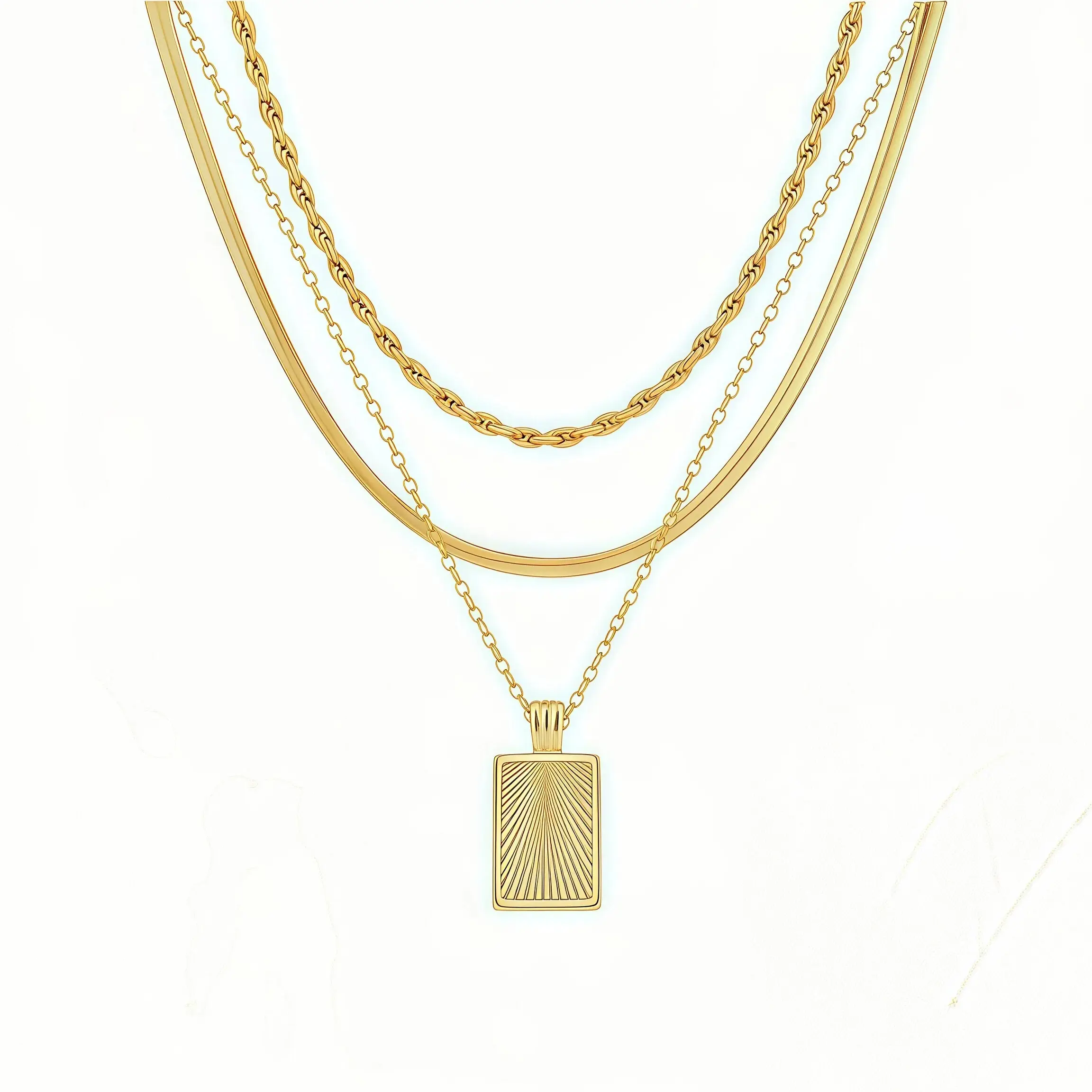 Gold Aesthetic Multi-Strand Necklace - Sunburst Charm Pendant, Non-Tarnish Herringbone Chain, Luxury Gold-Accented, Waterproof, Safe for Sensitive Skin, Premium Any-Occasion Jewelry Gift, Gold Accented Necklaces