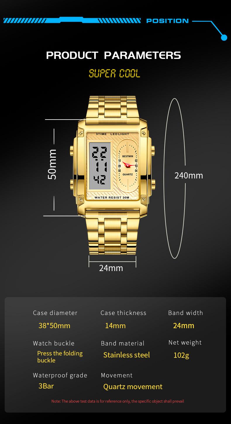men's square creative dual-movement multifunctional sports watch, featuring a luxurious triple-time design, water resistance, luminous dial, Exuding a minimalist aesthetic, it is elegant, durable, and the perfect choice for everyday wear. digital quart