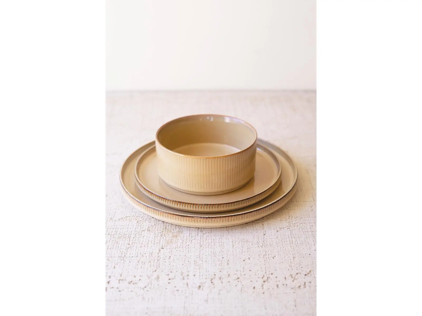 Kalalou CTE1033 Khaki Ribbed Rim Round Tableware Set - 3-Piece Brown Ceramic Dinner Plate, Salad Plate & Bowl for Dinner Use