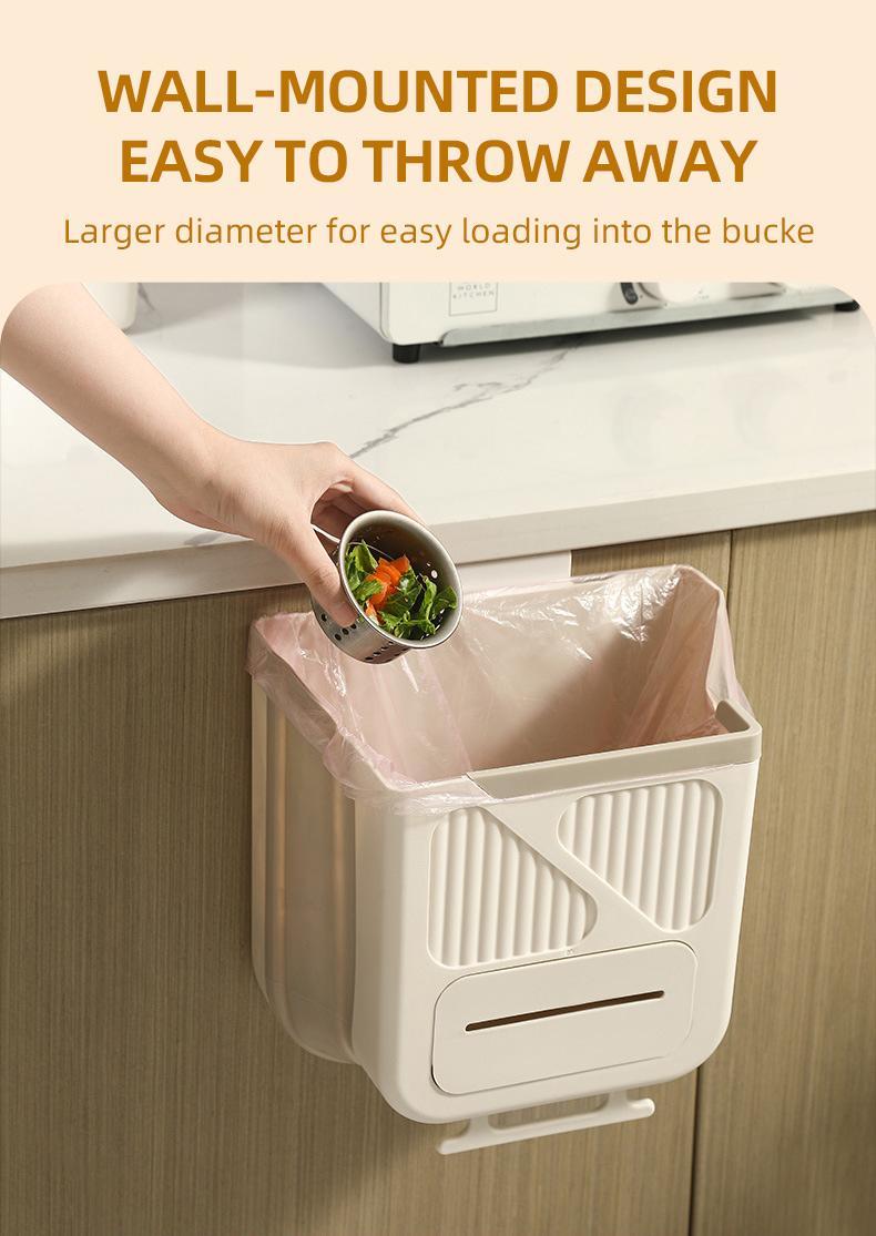 Foldable hanging kitchen trash can for cabinet doors, ideal for food scraps and kitchen waste. Foldable trash can for RVs/bathrooms/cars—space-saving trash can.