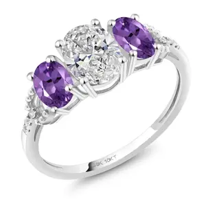 Gem Stone King 10K White Gold IGI Certified Lab Grown Diamond and Purple Amethyst 3-Stone Engagement Ring | 1.92 Cttw | Center Oval Diamond 1.00 Ct | D-E Color | VS1-VS2 Clarity