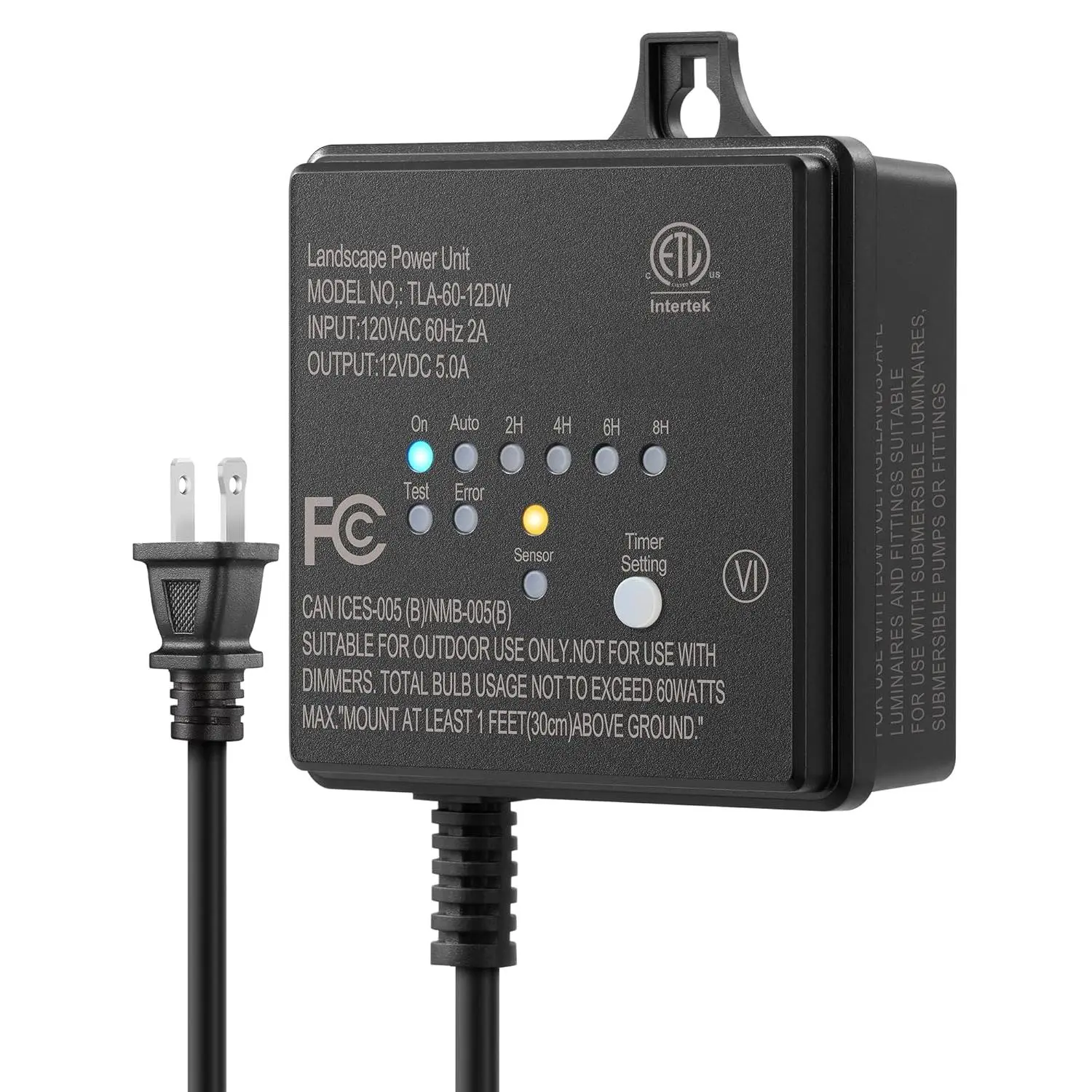 ETL Listed 60W 120V AC to 12V DC Outdoor Transformer with Timer & Photocell Sensor for LED Landscape Lighting, Weatherproof, , ETL Listed