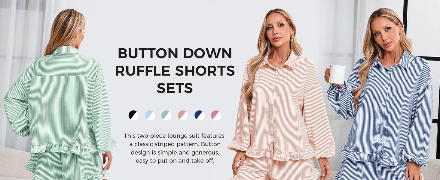 Fisoew Womens Stripe 2 Piece Lounge Sets Button Down Ruffle Shirts Shorts Sets Casual Oversized Pajama Sets Loungewear