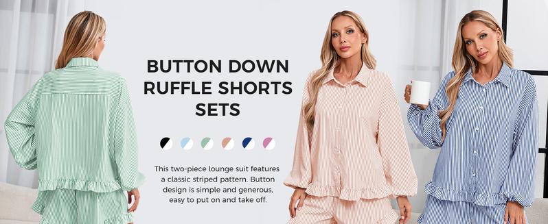 Fisoew Womens Stripe 2 Piece Lounge Sets Button Down Ruffle Shirts Shorts Sets Casual Oversized Pajama Sets Loungewear
