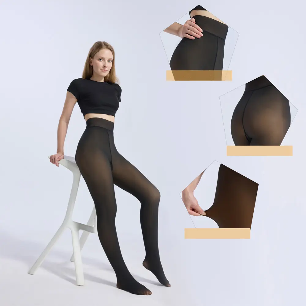 Women's Fleece Lined Fake Translucent Tights - Minimalist Knit Fabric, 220g Thick, High Elasticity, Slim Fit, Tummy Control, Body Sculpting Warm Pantyhose for Winter
