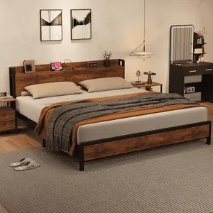 King Size Bed Frame with Storage Headboard, Industrial King Bed Platform with Charging Station and USB Ports, No Box Spring Needed Easy Assemble Mattress Foundation - Rustic Brown