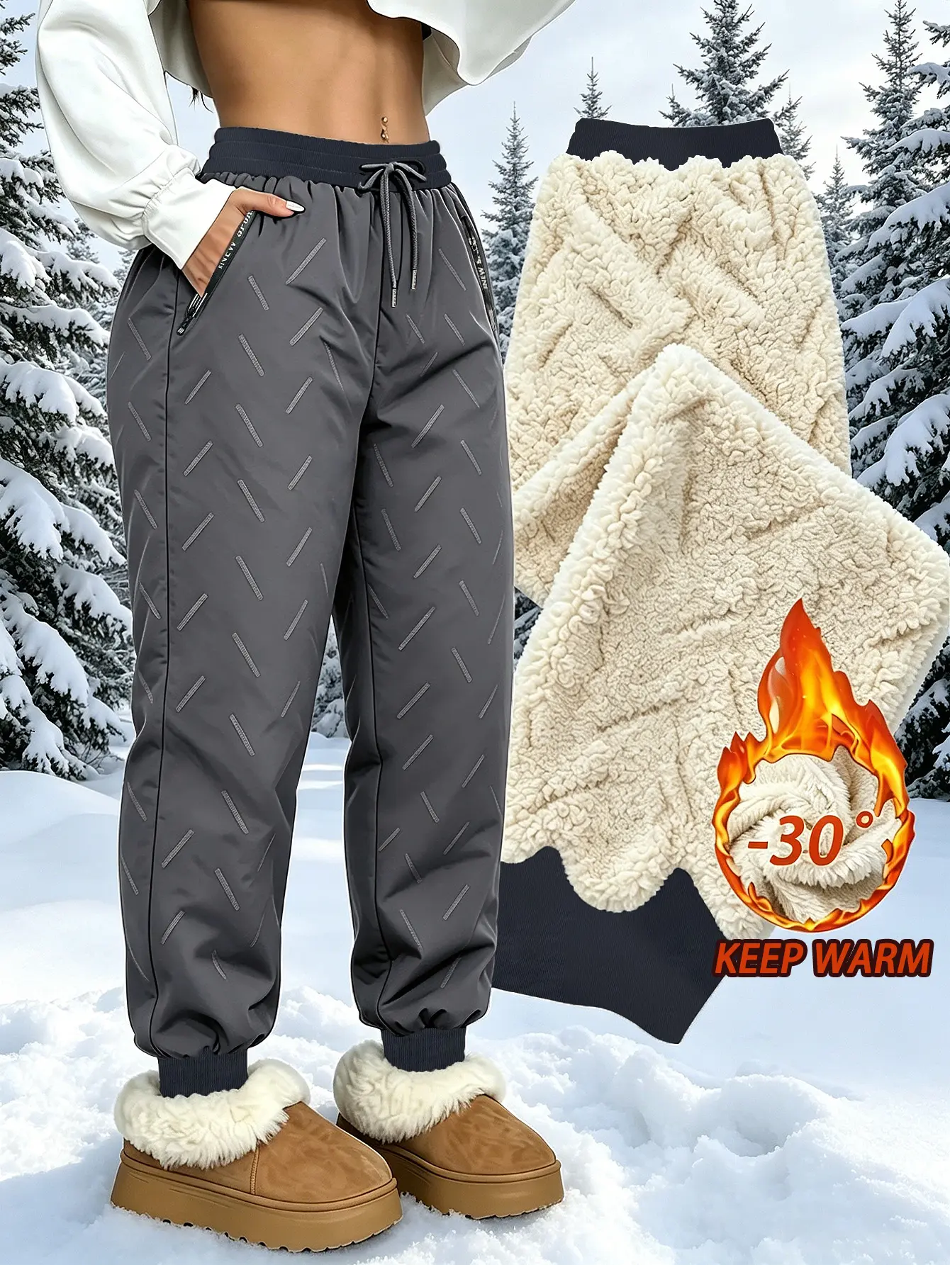 Women’s Ultra Warm Lined Winter Jogger Pants, Water Resistant Windproof Quilted Thermal Sweatpants, Elastic Drawstring High Waist Cuffed Warm Pants with Zipper Pockets, Casual Outdoor Snow Hiking Daily Lounge Pants Regular Sizes