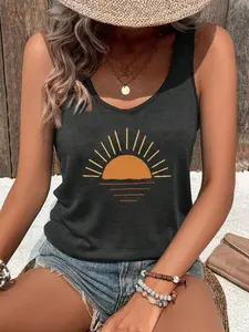 Selamara Women Summer Round Neck Sunset Printed Casual Tank Top