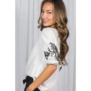 Paisley Embroidered 100%Cotton Puff Sleeve Blouse : Off White/Black