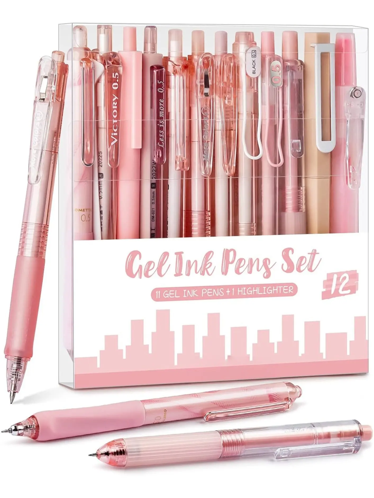 Rose Series Gel Pens, Cute Writing Pens with Black & Pink Ink, 0.5 mm Smooth Fine Point, School Office Supplies Girly Stationery Aesthetic Desk Accessories for Women, Set of 12