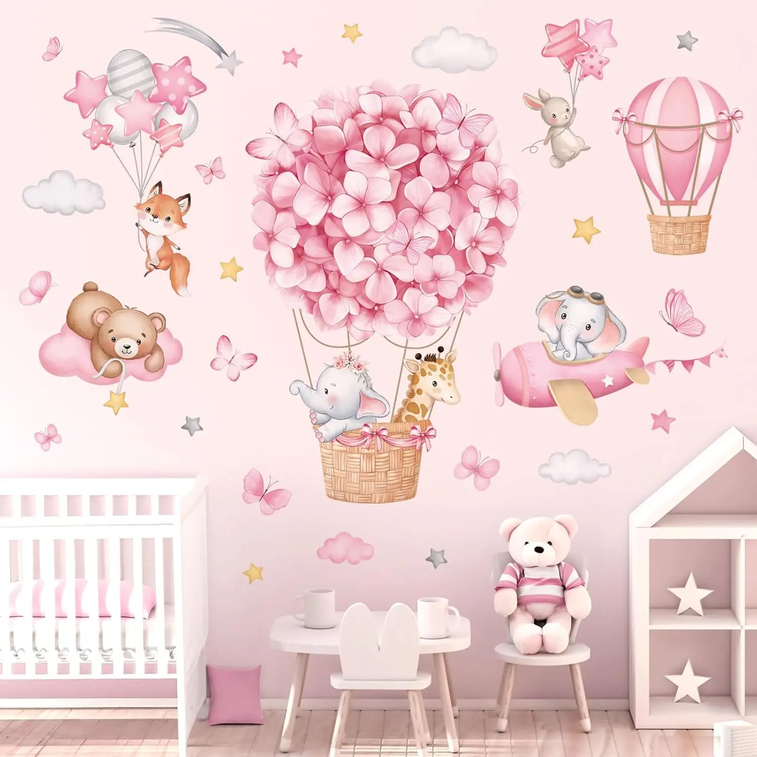 Hot Air Balloon Wall Stickers  Elephant Giraffe Bear Airplane Wall Art Decals for Girls Room    Bedroom
