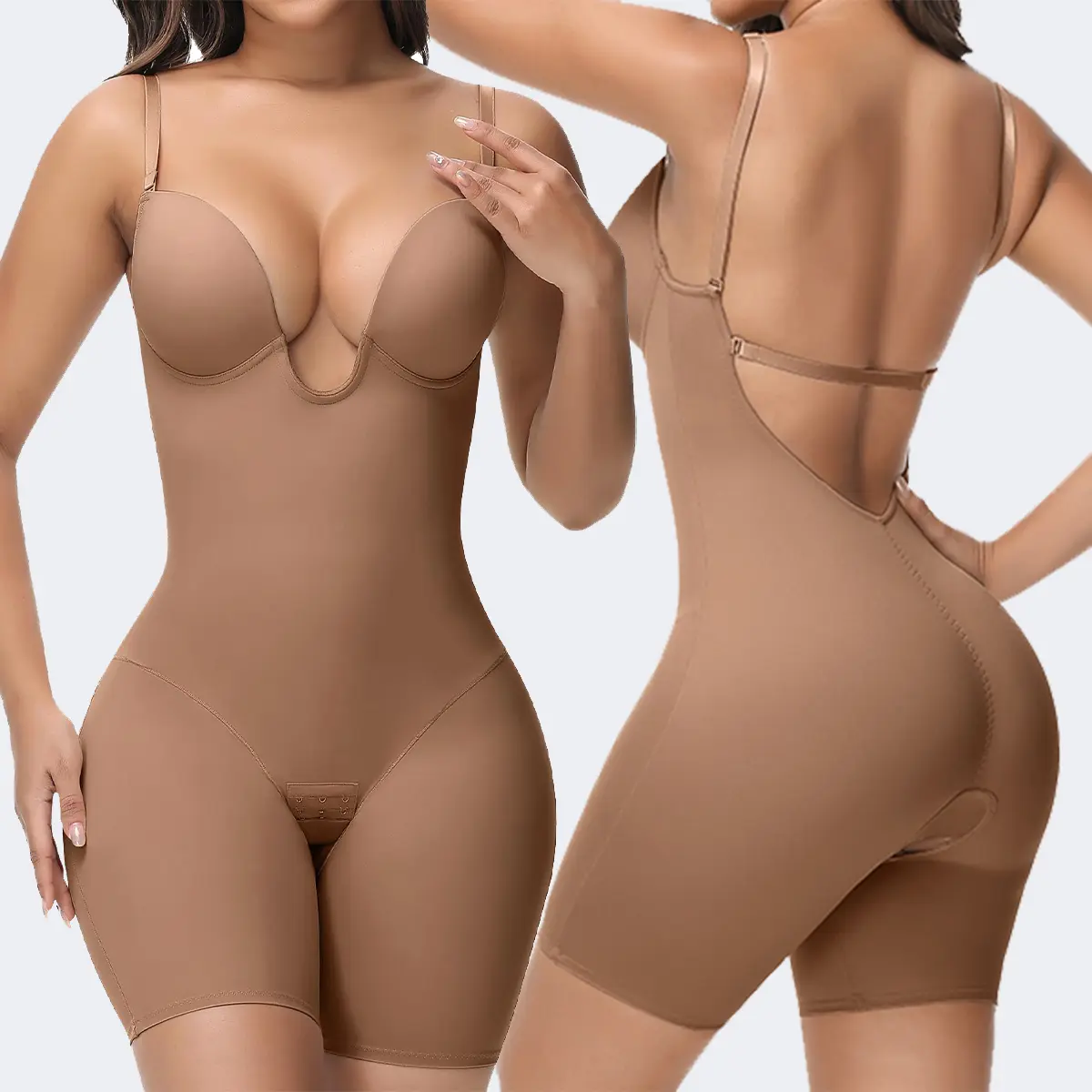 Women's Minimalist Backless Plunge Seamless Faja Body Shaper Bodysuit - Built-In Bra, Smooth Under Dresses, Ideal for Wedding, Party, Basic Shapewear