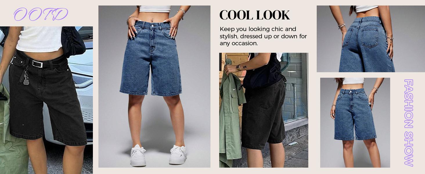 EMMIOL【Back to School】Women's Jorts Mid-Low Waisted Baggy Bermuda Jeans Jorts Summer Casual Denim Loose-Fitting with Basic 5 Pockets -  Blue Street Womenswear Summer Vibes