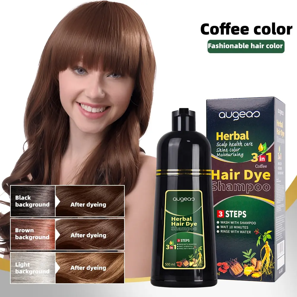 500ML Coffee Color 3 in 1 Hair Dye Shampoo - Can cover gray hairs,Herbal healthy plant Ingredients,Contains Ginseng Extract,Natural Haircoloring,semi-permanent coffee hairdye,festival gift ﻿