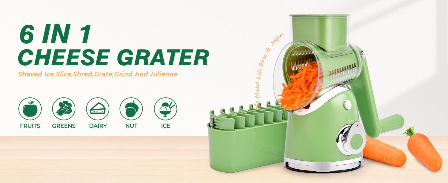SUSTEAS 6-in-1 Heavy-Duty Cheese Grater & Slicer – Essential Kitchen Gadgets with Suction Base for Safe Veg Prep