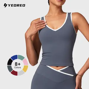 Yeoreo Contrast Trim Sports Set Crossed Waist Leggings Sports Set Women Workout Clothes Casual Comfy Breathable for Yoga Gym Workout Running