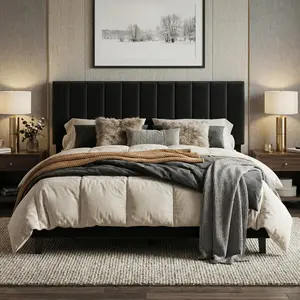 Queen Size Bed Frame, Velvet Upholstered Platform Bed with Adjustable Vertical Channel Tufted Headboard, No Box Spring Needed, Easy Assembly, Black