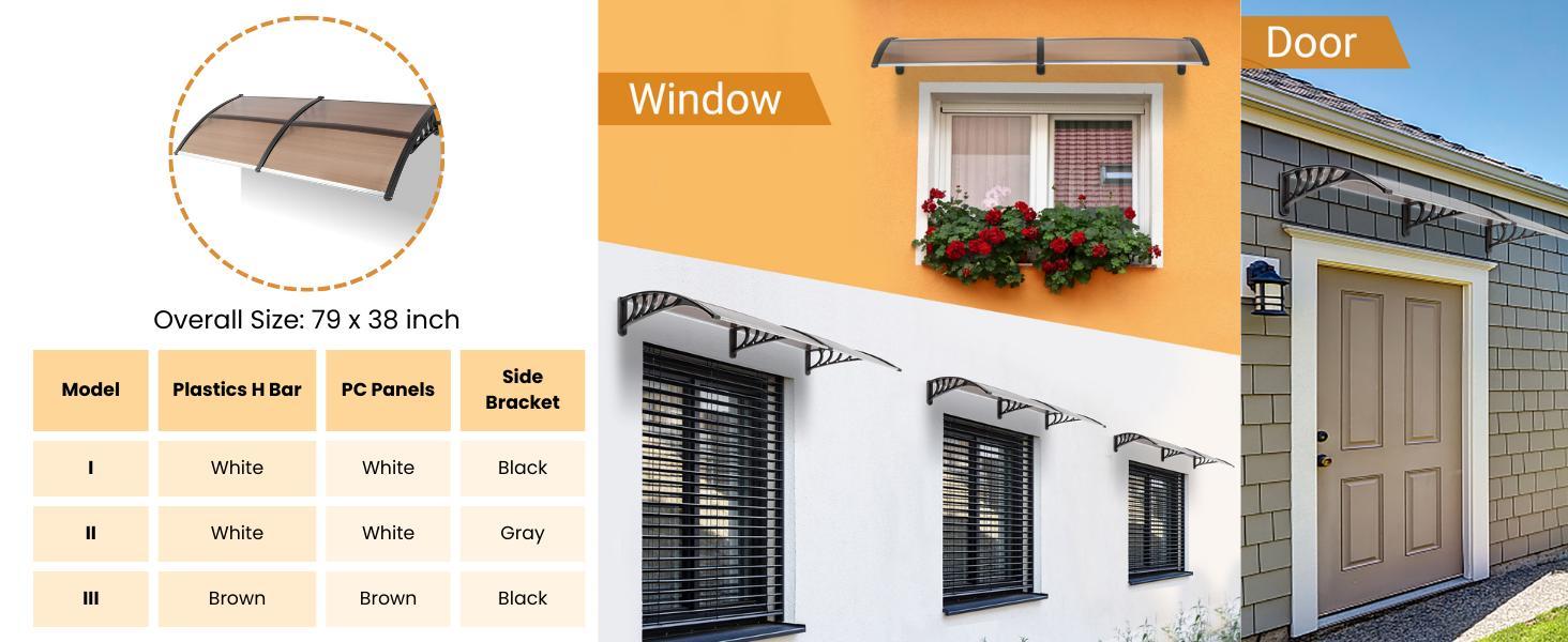 Ubesgoo Window Awning Door Canopy, Polycarbonate Cover Front Door Outdoor Patio Awning Canopy UV Rain Snow Sunlight Protection Hollow Sheet, Brown Board & White Bracket