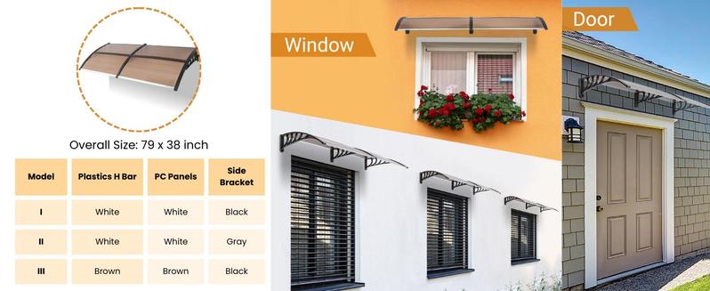 Ubesgoo Window Awning Door Canopy, Polycarbonate Cover Front Door Outdoor Patio Awning Canopy UV Rain Snow Sunlight Protection Hollow Sheet, Brown Board & White Bracket