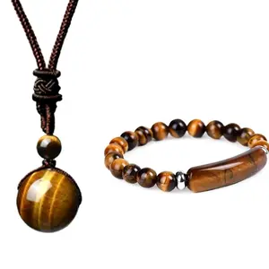 2pcs/set Natural Stone Necklace Bracelet Set Men Women Adjustable Woven Cord Tiger Eye Stone Obsidian Jewelry Set Holiday Gift,Birthday gift.