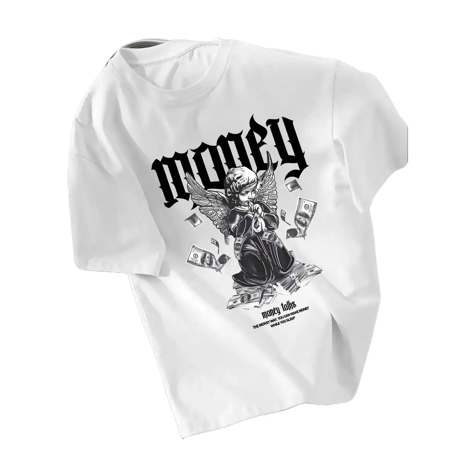 Monawear Boys' Graphic T-Shirt - Soft, Lightweight & Comfortable Casual Tee with Angel & Money Design, "Money" Print, and "Money Talks" Slogan, Black with White Lettering, Perfect for Summer, Loose Fit, Boys T Shirts, Playful Kids Clothing, streetwear tar
