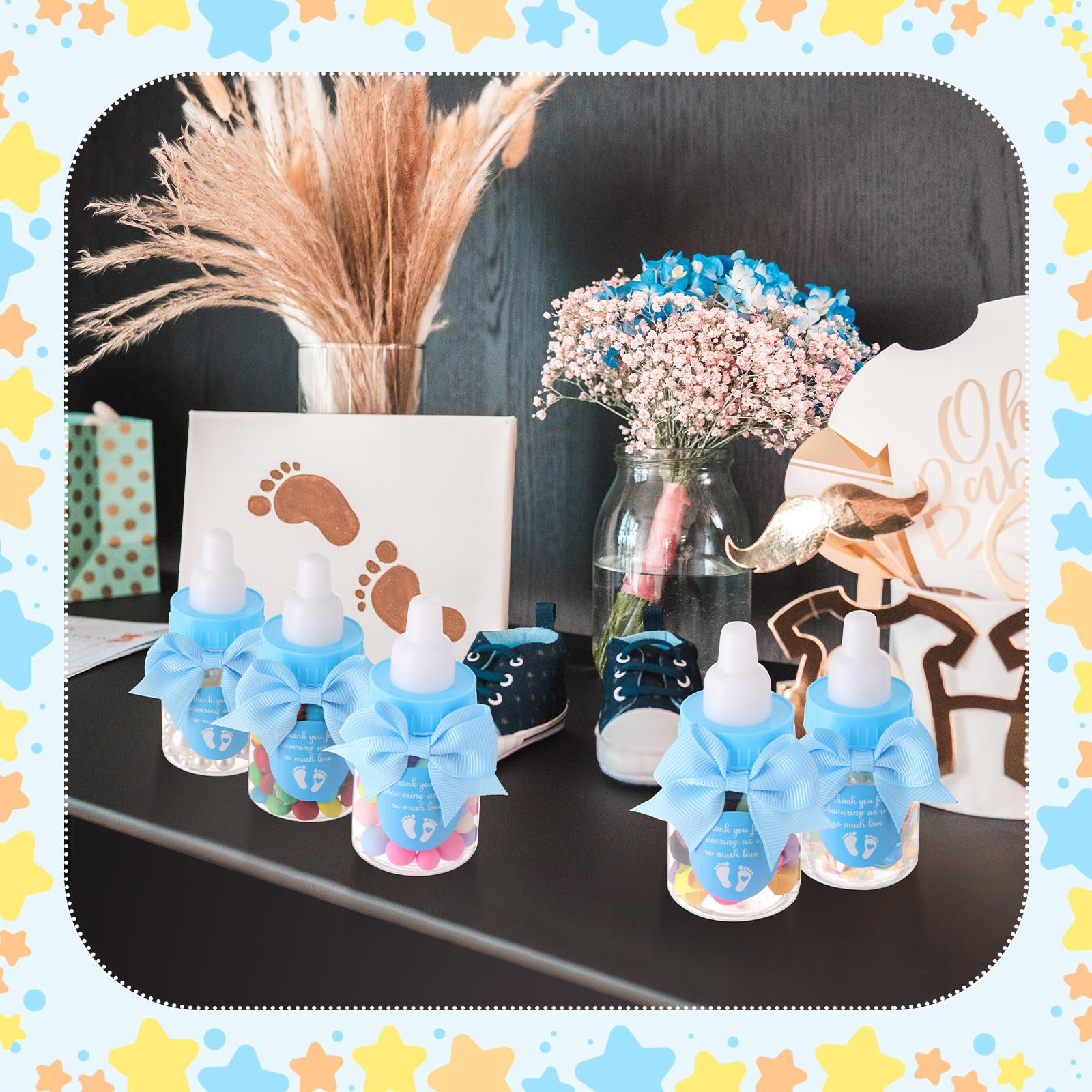 24/48 Pcs Baby Shower Prize Mini Baby Bottles Chug Plastic Milk Bottles Candy Baby Bottles with Thank You Showering Stickers and Bows Thank You Gifts for Guests,Birthday Party Baby Shower Favors Gift