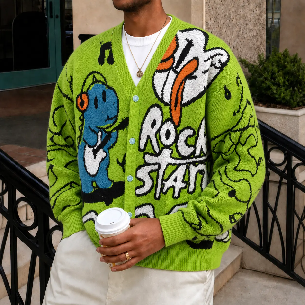 Men's Green Knit Cardigan with Retro Dinosaur Graphic Print - Oversize V-Neck Button-Down Long Sleeve Fashion Sweater, Knitwear, New Year, Casual, Oversized, Stylish Menswear Classic