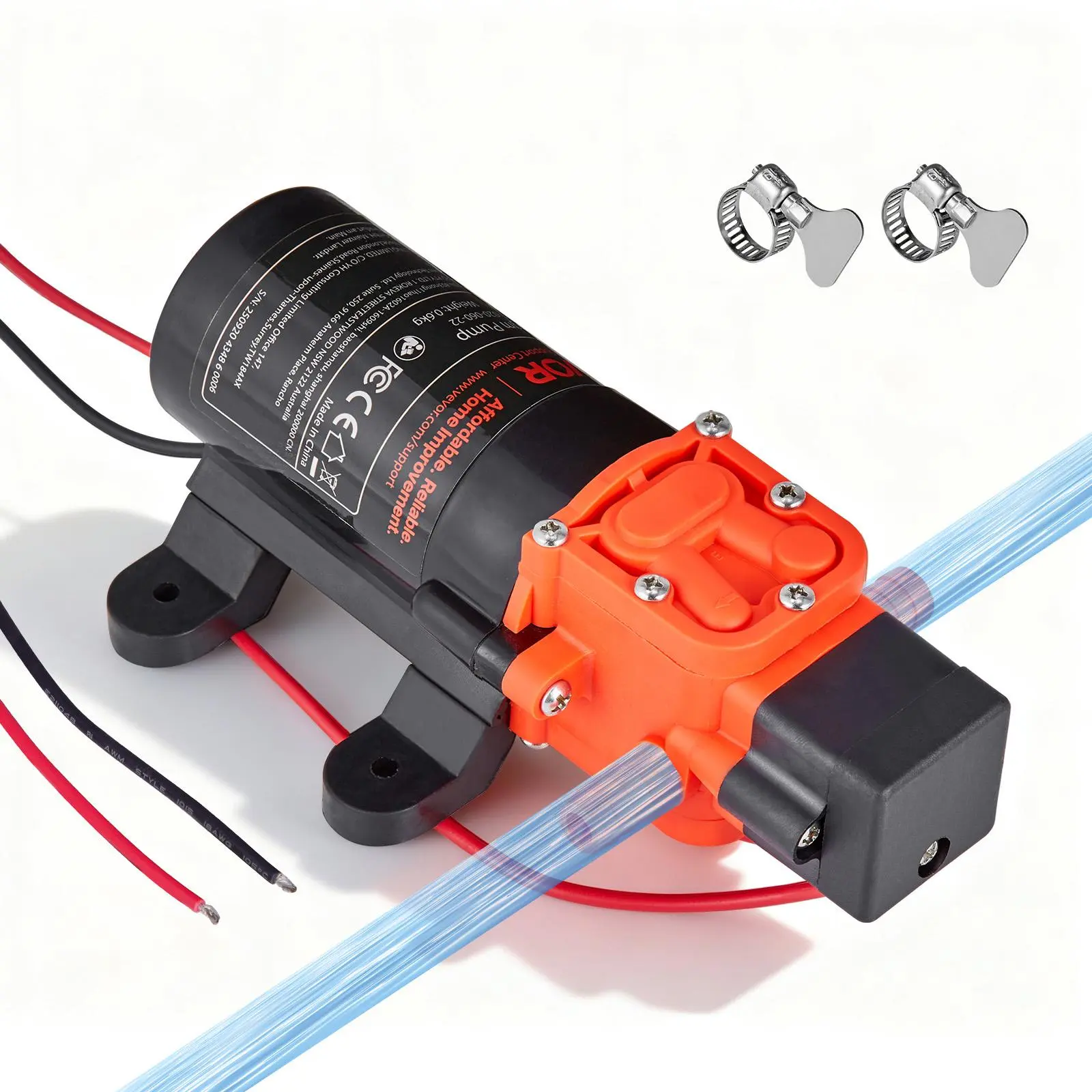 VEVOR 12V DC Self-Priming Diaphragm Water Pump, 1.2GPM Flow, 4.5L/min, 80PSI Max Pressure, 2-Chamber Smooth, 3/8-in Hose Connection with 2 Hose Clamps, 50dB Quiet Op., Copper Motor, 10ft Compatibility, Durable for RV, Irrigation System, Cooling