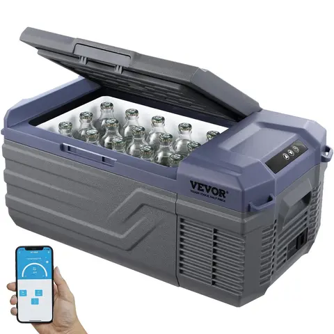 VEVOR 15L Large Capacity Portable Car Refrigerator - 12/24V DC & 100-240V AC Quiet & Energy Efficient Compressor Cooler, -4℉-68℉ Adjustable 1.5h Rapid Cooling Single Zone, Bluetooth Control Dual Use for Home/Car Outdoor Travel Accessory