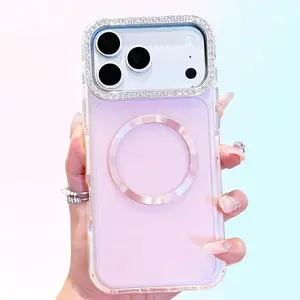 Matte Magnetic Semi-Transparent Phone Case with Rhinestone Camera Frame Shockproof Bumper Protection for iPhone 17Pro Max cases 16 15 14 13Pro Max