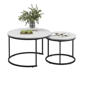 Nesting Coffee Table Set of 2, 27.6inch Round Coffee Table Wood Marble Pattern Top with Sturdy Metal Frame, End Table Side Tables for Living Room Bedroom Balcony Yard