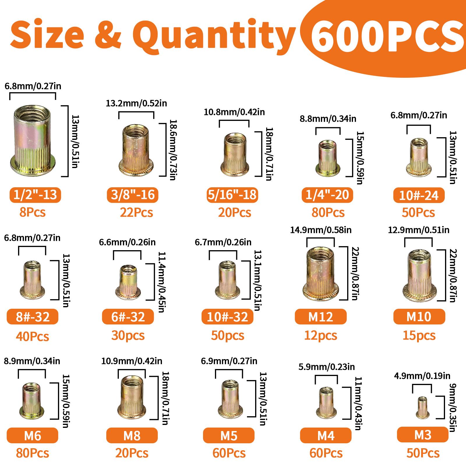 Rivet Nut Tool Kit, 16-Inch Rivnut Tool with 15 Metric & SAE Mandrels and Rivet Nut Gun, 200pcs Rivnut Tool Kit Assortment, Nutsert Tool Kit with Carrying Case