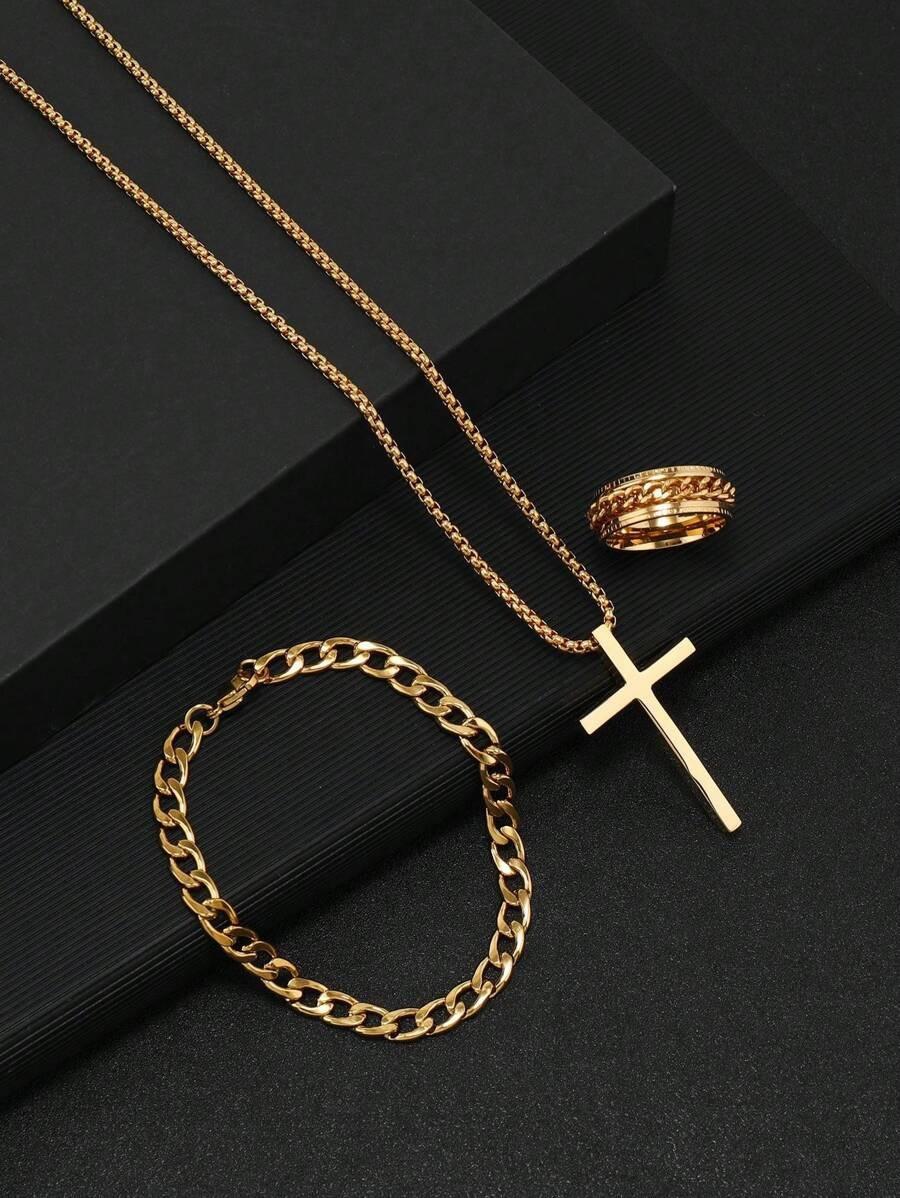 Men's Stainless Steel Cross Pendant Necklace Bracelet & Ring Set Elegant Fashionable Jewelry Gift for Holidays Durable Cohesive Ensemble