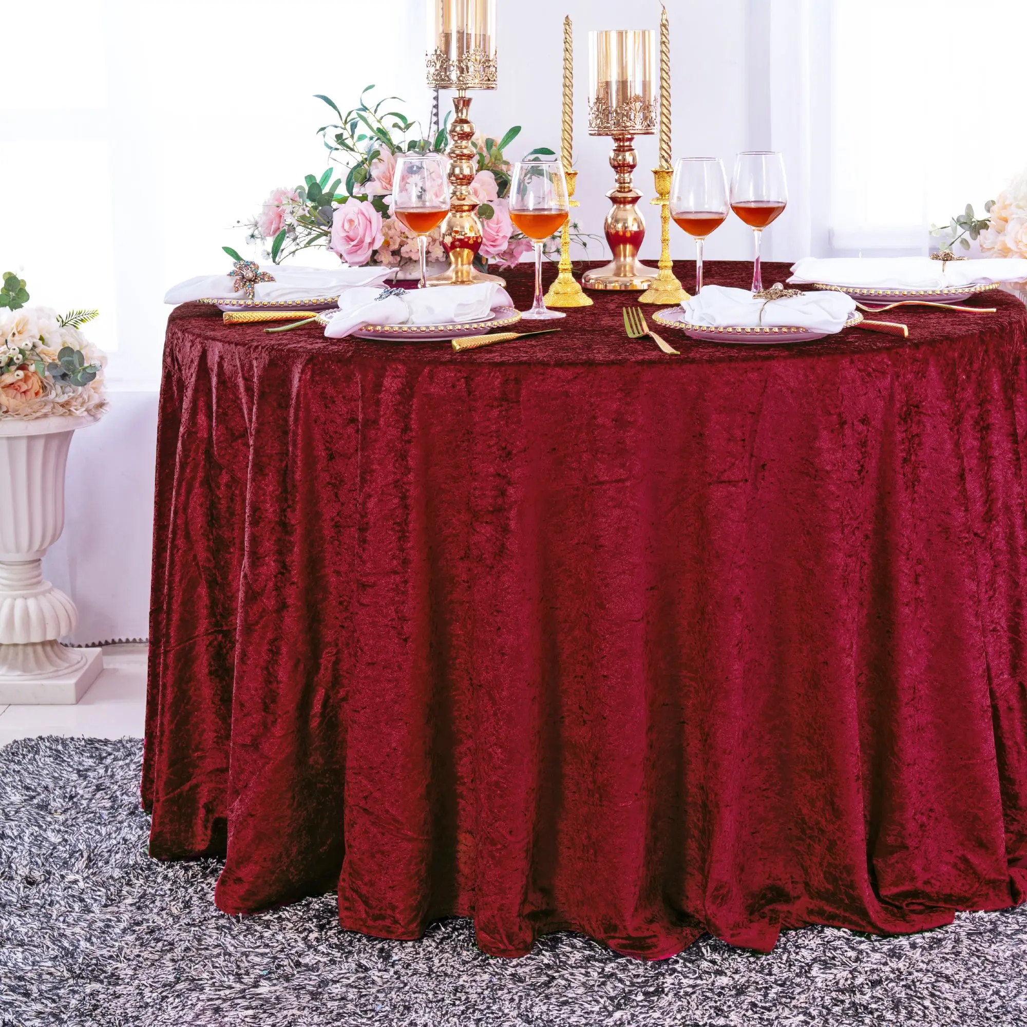 120" Round Ice Crushed Velvet (200 GSM) Tablecloth - Burgundy (1pc)