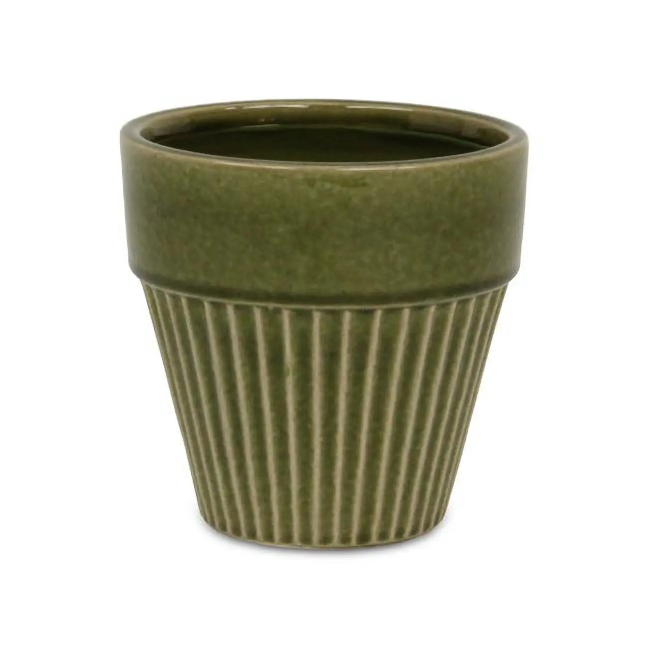 Cheungs 5922OG Large Olive Green Ceramic Flower Pot - Tapered Vertical Lined Pattern, Smooth Top Rim, Tapering Body, 3 lbs, 6" x 6", for Home & Office Flower Pots & Planters, All Seasons