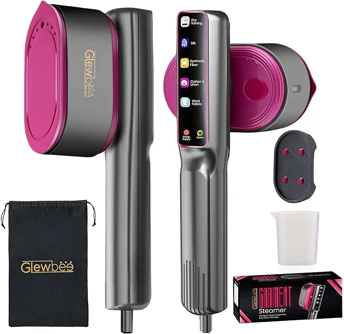 Portable Compact Travel Clothes Steamer - 1200W Power, 2-in-1 Steam Generator, 10-Second Heat-Up, 350°F Large Ceramic Panel, Anti-Drip, AI Fabric Sensing, 1-Swipe Wrinkle-Free, 20g Steam, 90° Angle Handle, Touchscreen, 110ml, Lightweight, Black & Pink
