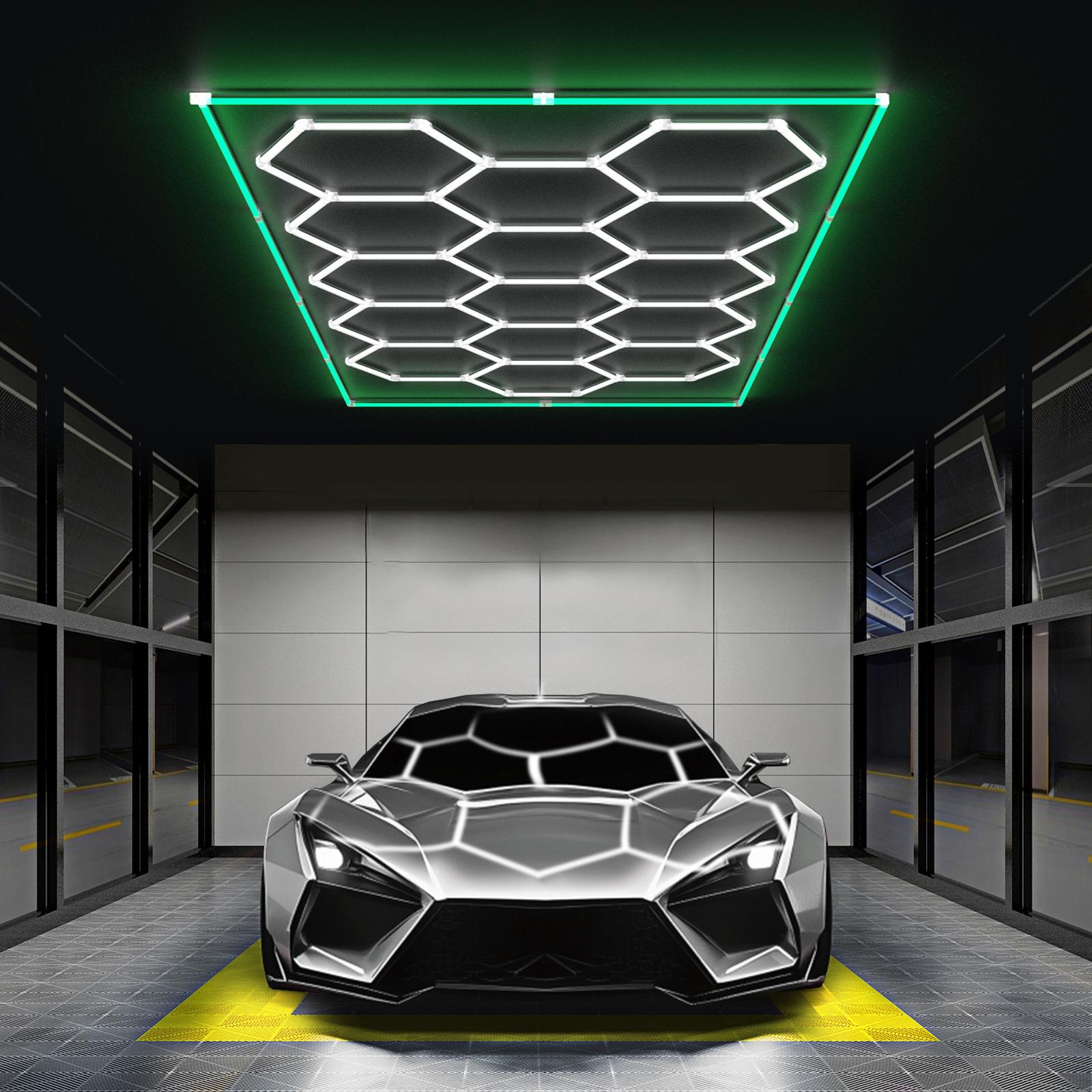 HYPERLITE All-New Creative Design 624W Hexagon DIY LED Garage Light 62400LM Honeycomb Ceiling Lighting System with Colorful Outer Frame 15-Grid DIY Plug-in Setup for Car Detailing Shops Basements Warehouses SpringGlowUp Upgraded Build