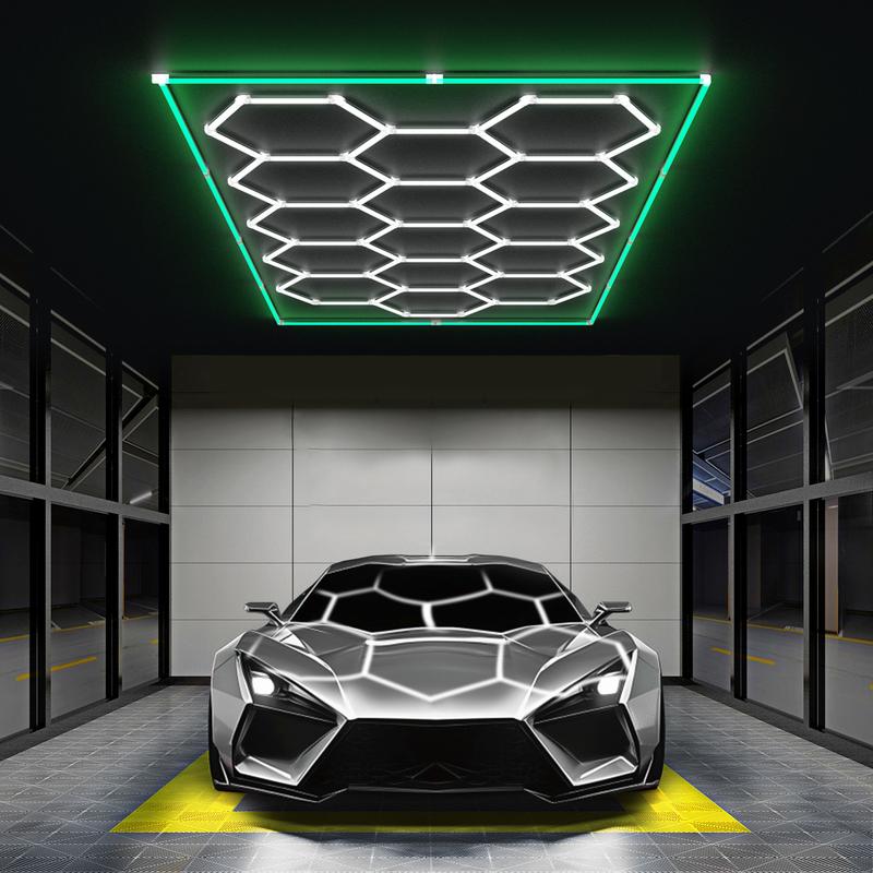 HYPERLITE All-New Creative Design 624W Hexagon DIY LED Garage Light 62400LM Honeycomb Ceiling Lighting System with Colorful Outer Frame 15-Grid DIY Plug-in Setup for Car Detailing Shops Basements Warehouses Jumpstart newyear