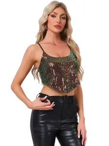 INSPIRE CHIC Sequin Spaghetti Straps Crisscross Backless Glam Crop Cami Top