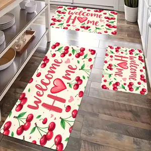 2pcs Modern Kitchen Mat Cherry Heart Pattern |   Soft Comfortable Lightweight Polyester Flannel, Suitable for Bedroom, Living Room, Dining Area, Bathroom, Laundry Room, Doorway, Kitchen |   Machine Made, Machine Washable