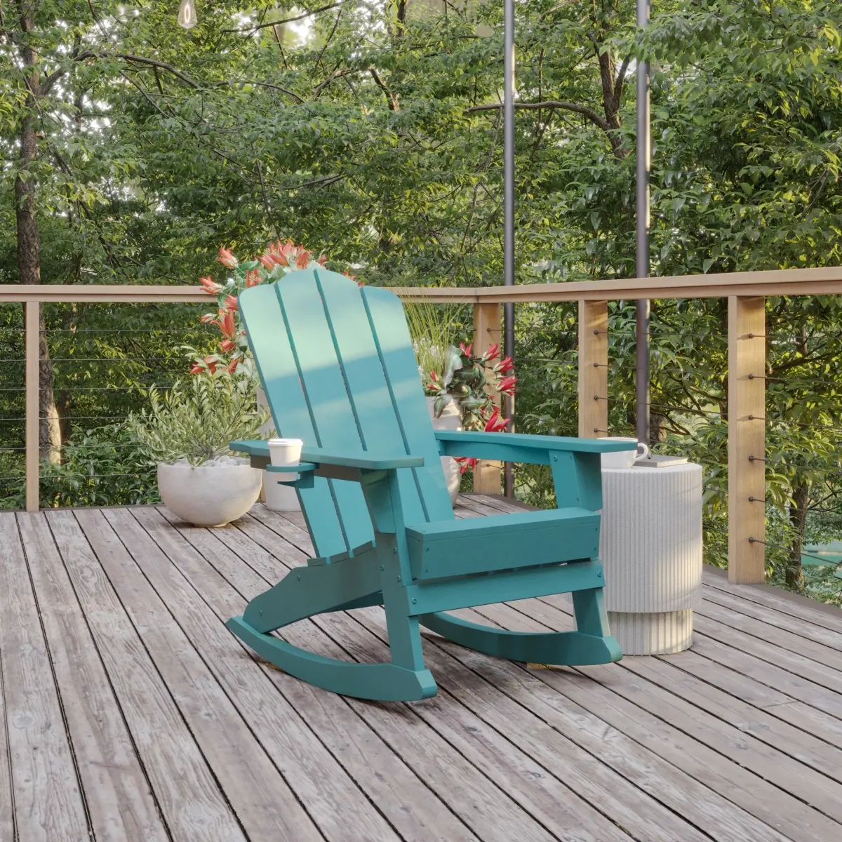 Flash Furniture LE-HMP-1044-31-BL-GG Newport Adirondack Rocking Chair with Cup Holder, Weather Resistant HDPE Adirondack Rocking Chair in Blue