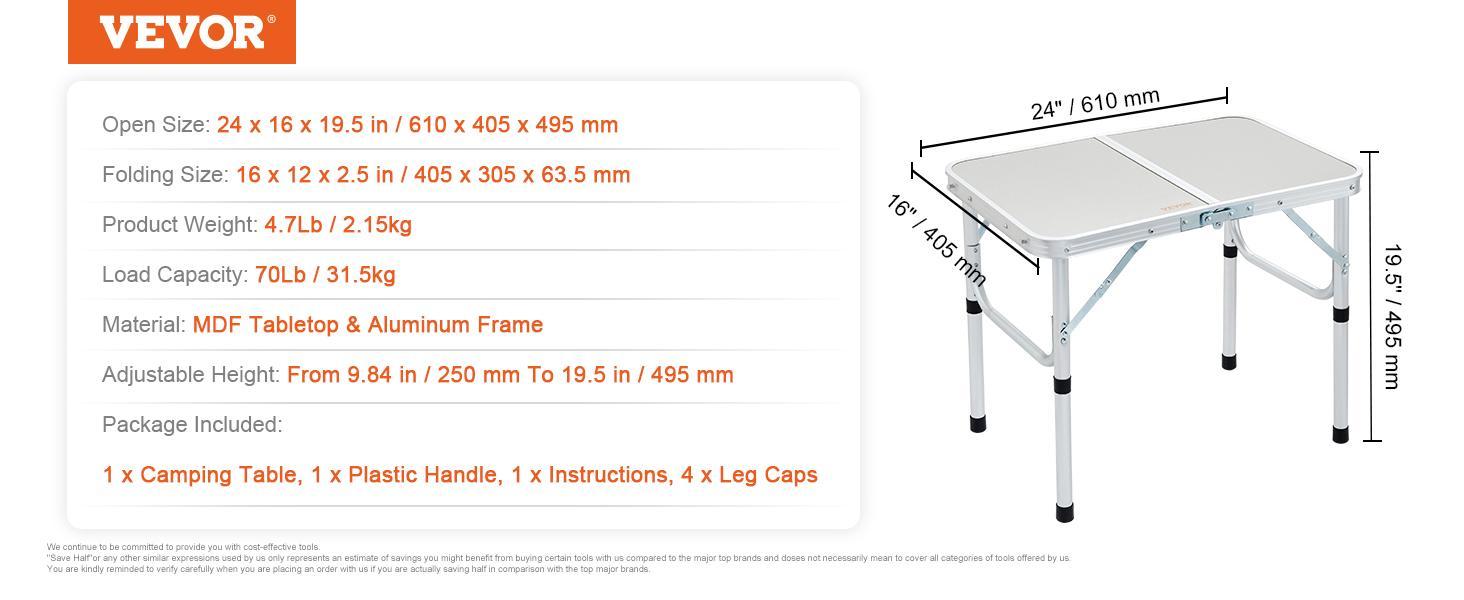VEVOR Folding Camping Table, Adjustable Height Outdoor Portable Side Tables, Lightweight Fold Up Table, Aluminum & MDF Ultra Compact Work Table, For Cooking, Beach, Picnic, Travel, 24x16 inch, Silver