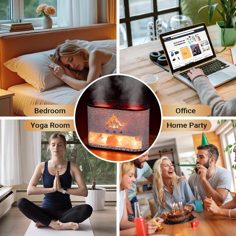 Himalayan Salt Lamp FlameRock 3-in-1 Aromatherapy Machine 250ml Essential Oil Diffuser with Simulated Flame & Jellyfish Mist LED Lighting Cool Mist Humidifier Timer Auto Off for Home Bedroom Office Negative Ions